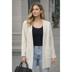 Maxi Studio Ivory Fuzzy Knit Open Front Cardigan Sweater Small‎ NWT